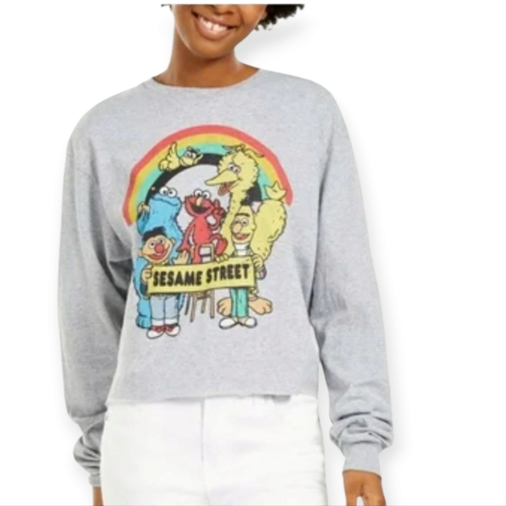 Sesame Street Light Gray Crewneck long sleeve tee with Rainbow Character Graphic
